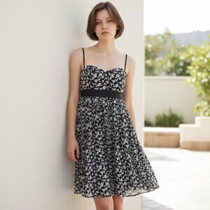 White House Blk Market Dress sz 6 Black/White Floral Straps Option Babydoll Y2K